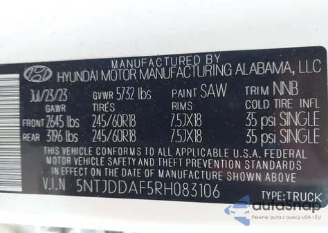 2024 Hyundai Santa Cruz Xrt from USA, damaged, VIN 5NTJDDAF5RH083106